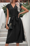 Tie Belt V-Neck Pleated Dress - Trendsi