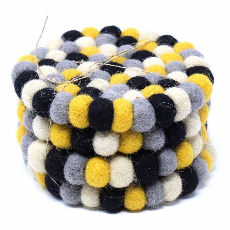 Hand Crafted Felt Ball Coasters from Nepal: 4-pack, Mustard - Global Groove (T) - Flyclothing LLC