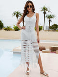Fringe Hem Drawstring Waist Split Cover Up Dress - Trendsi - Flyclothing LLC