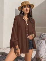 Openwork Button Up Long Sleeve Shirt - Trendsi - Flyclothing LLC
