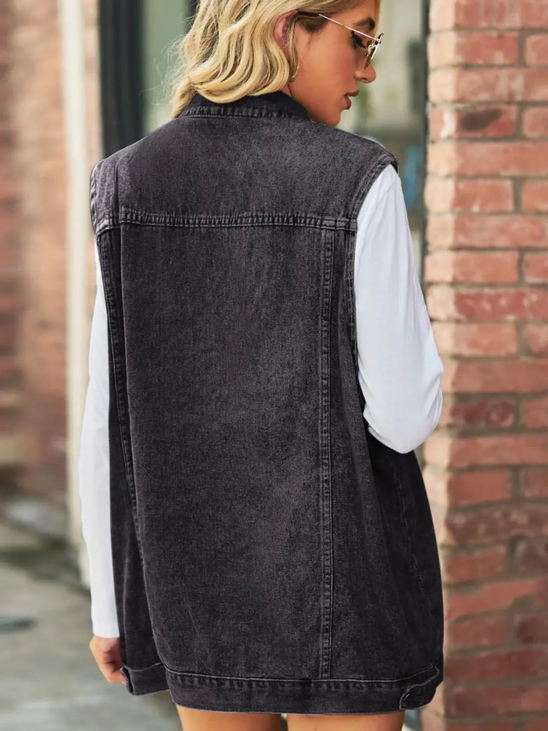 Collared Neck Sleeveless Denim Top with Pockets - Trendsi - Flyclothing LLC