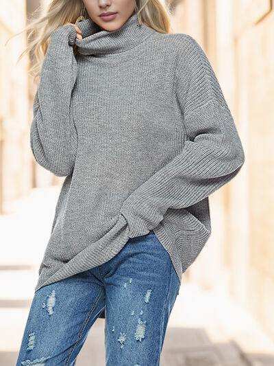 Turtleneck Drop Shoulder Long Sleeve Sweater - Trendsi - Flyclothing LLC