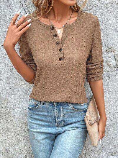 Openwork Half Button Long Sleeve Blouse - Trendsi - Flyclothing LLC