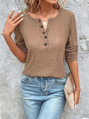 Openwork Half Button Long Sleeve Blouse - Trendsi