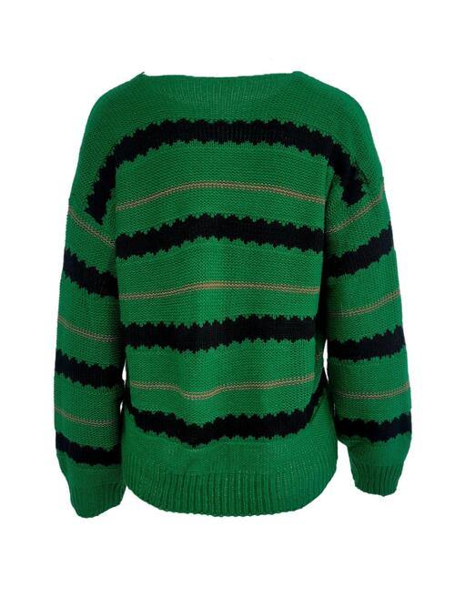 Striped Round Neck Long Sleeve Sweater - Flyclothing LLC