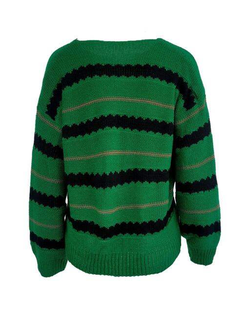 Striped Round Neck Long Sleeve Sweater - Trendsi - Flyclothing LLC
