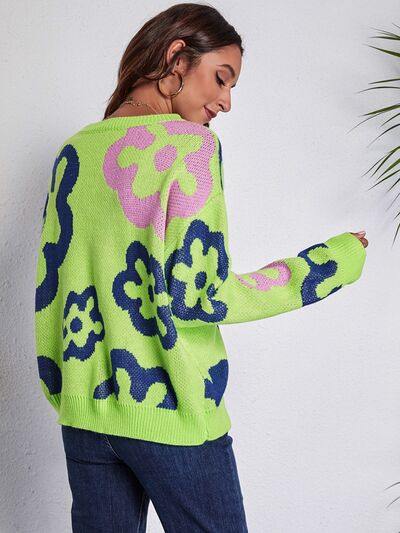 Flower Pattern Round Neck Long Sleeve Sweater - Trendsi