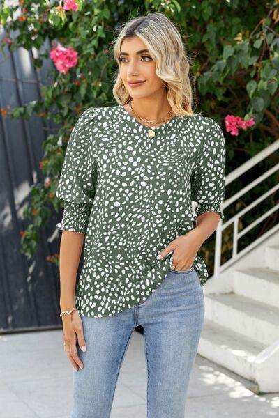 Polka Dot Round Neck Lantern Sleeve Blouse - Trendsi - Flyclothing LLC