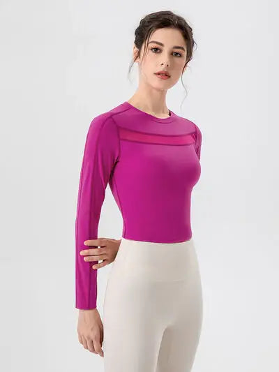Round Neck Long Sleeve Active T-Shirt - Trendsi - Flyclothing LLC