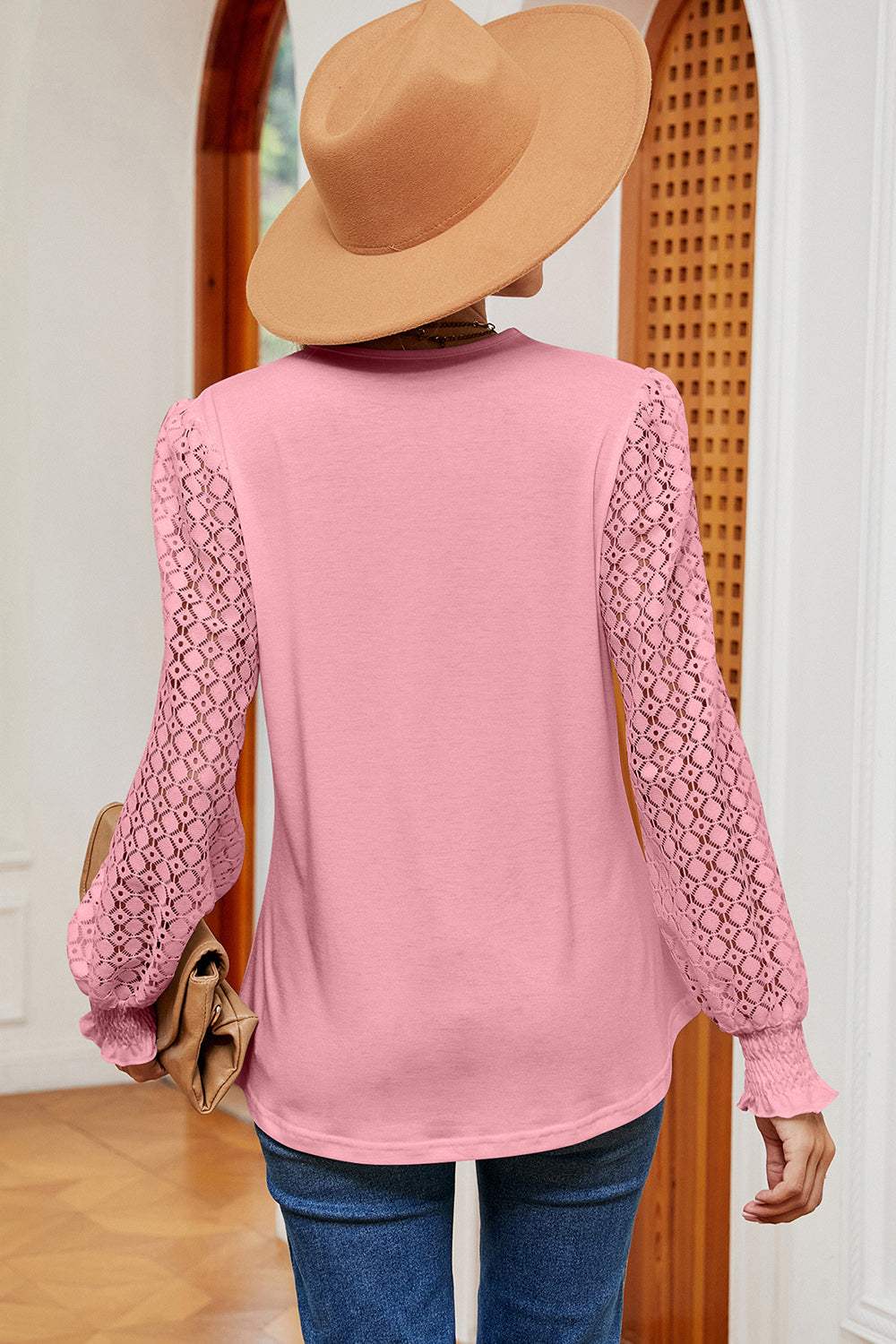 Openwork V-Neck Long Sleeve T-Shirt - Trendsi - Flyclothing LLC