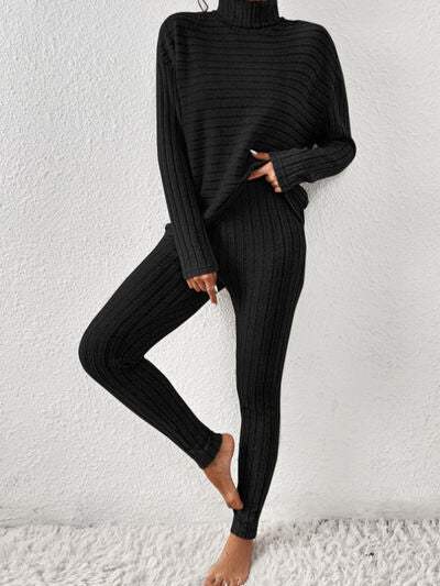 Ribbed Turtleneck Top and Pants Set - Trendsi - Flyclothing LLC
