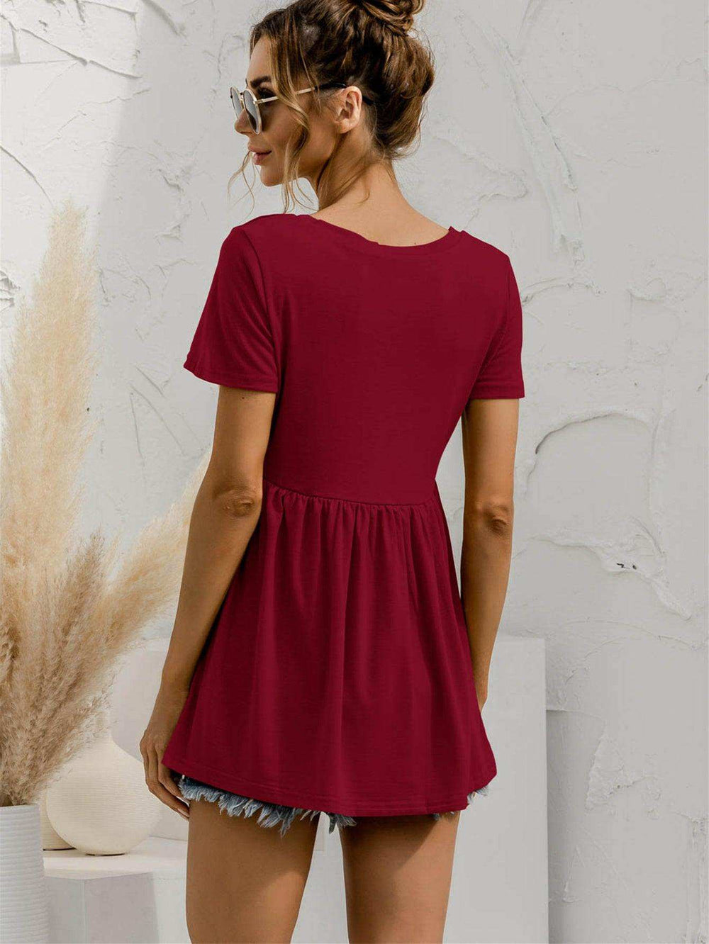 V-Neck Short Sleeve Babydoll Top - Trendsi - Flyclothing LLC