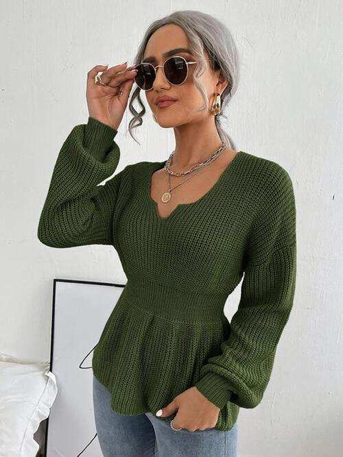 Notched Dropped Shoulder Knit Top - Trendsi - Flyclothing LLC