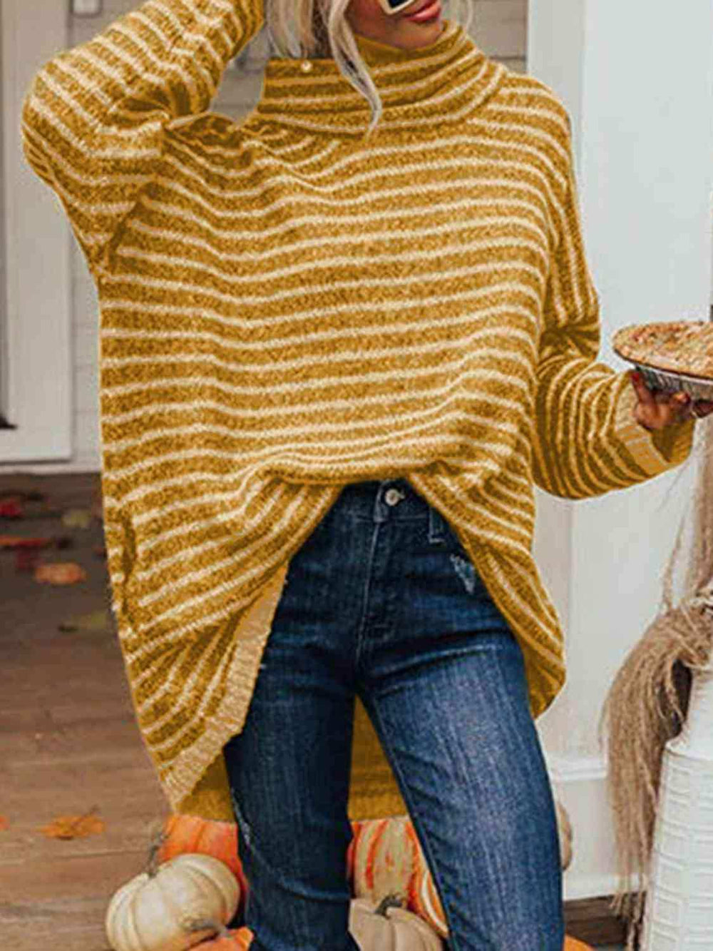 Striped Turtleneck Sweater with Pockets - Trendsi - Flyclothing LLC