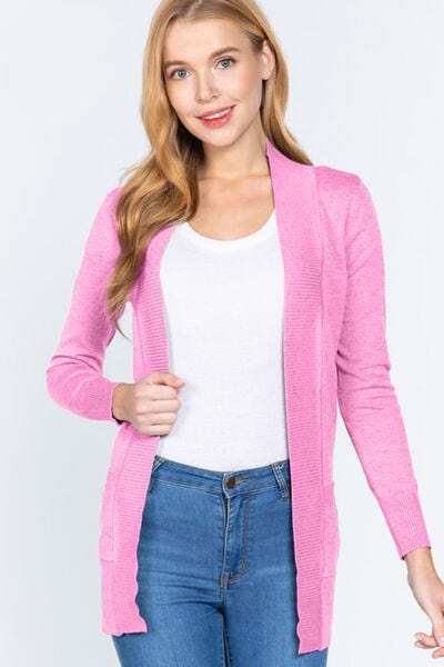 ACTIVE BASIC Ribbed Trim Open Front Cardigan - Trendsi - Flyclothing LLC