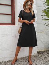 Round Neck Short Sleeve Dress with Pockets - Trendsi - Flyclothing LLC
