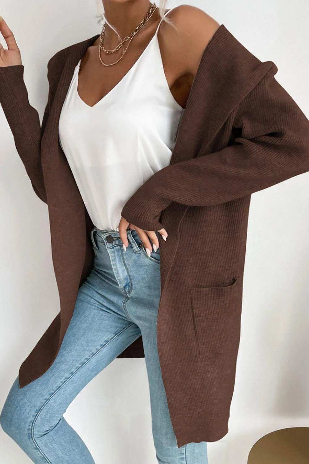 Ribbed Open Front Hooded Cardigan with Pockets - Trendsi - Flyclothing LLC