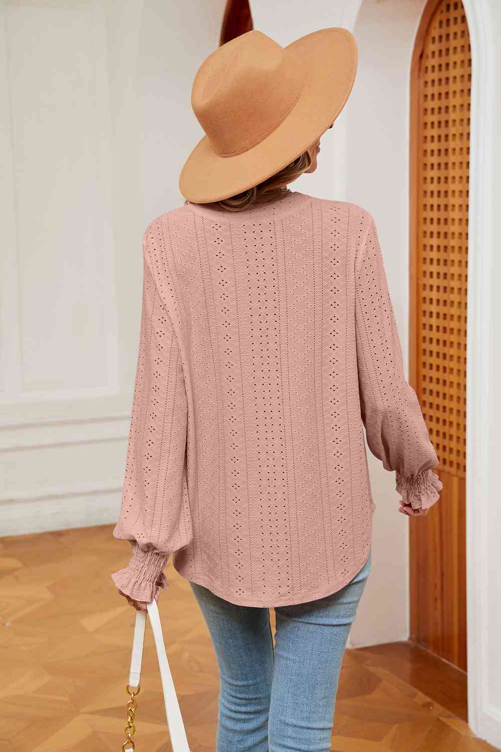 Notched Neck Flounce Sleeve Blouse - Trendsi - Flyclothing LLC