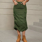Drawstring Ruched Slit Denim Midi Skirt - Trendsi - Flyclothing LLC