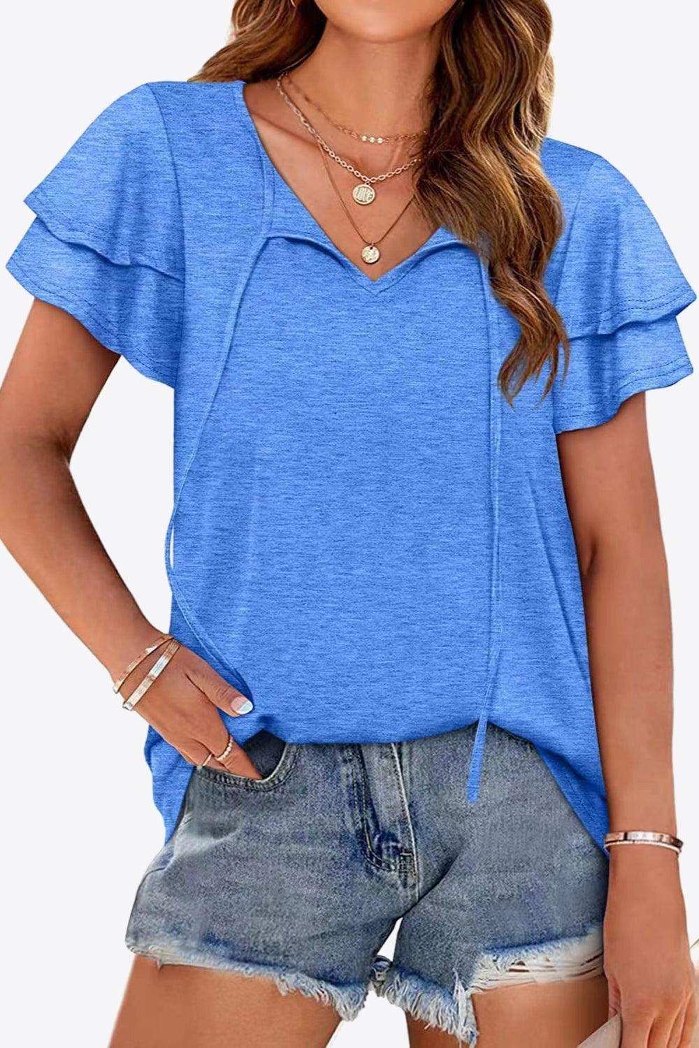 Tie-Neck Layered Flutter Sleeve Blouse - Trendsi - Flyclothing LLC