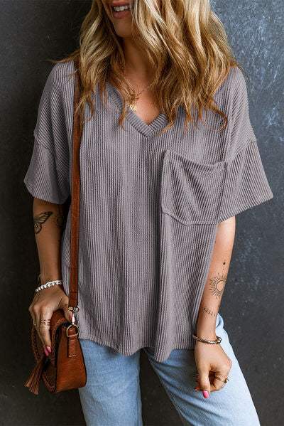 Textured V-Neck Dropped Shoulder T-Shirt - Trendsi - Flyclothing LLC