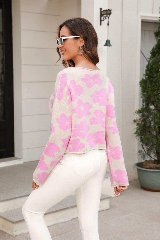 Round Neck Flower Pattern Dropped Shoulder Pullover Sweater - Trendsi - Flyclothing LLC