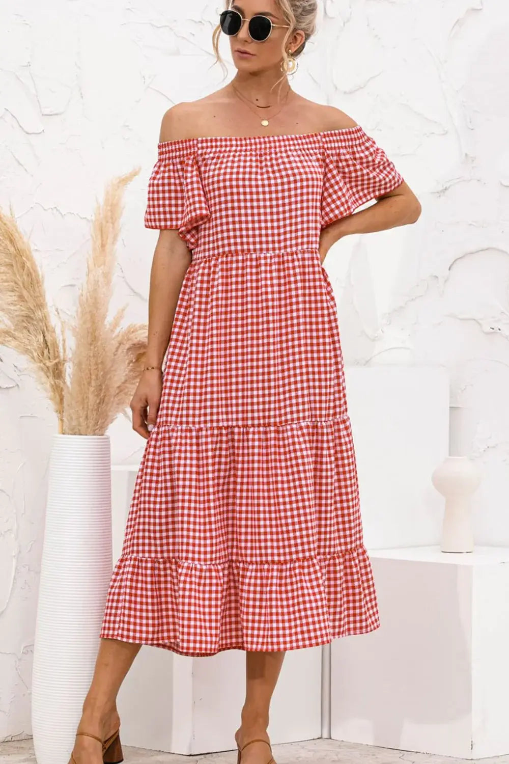 Plaid Off-Shoulder Tiered Midi Dress - Trendsi - Flyclothing LLC