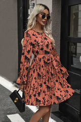 Tie-Waist Printed Pleated Mini Dress - Trendsi - Flyclothing LLC
