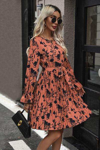 Tie-Waist Printed Pleated Mini Dress - Trendsi - Flyclothing LLC