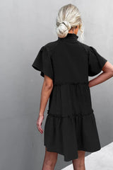 Frill Trim Smocked Tie Neck Dress - Trendsi - Flyclothing LLC