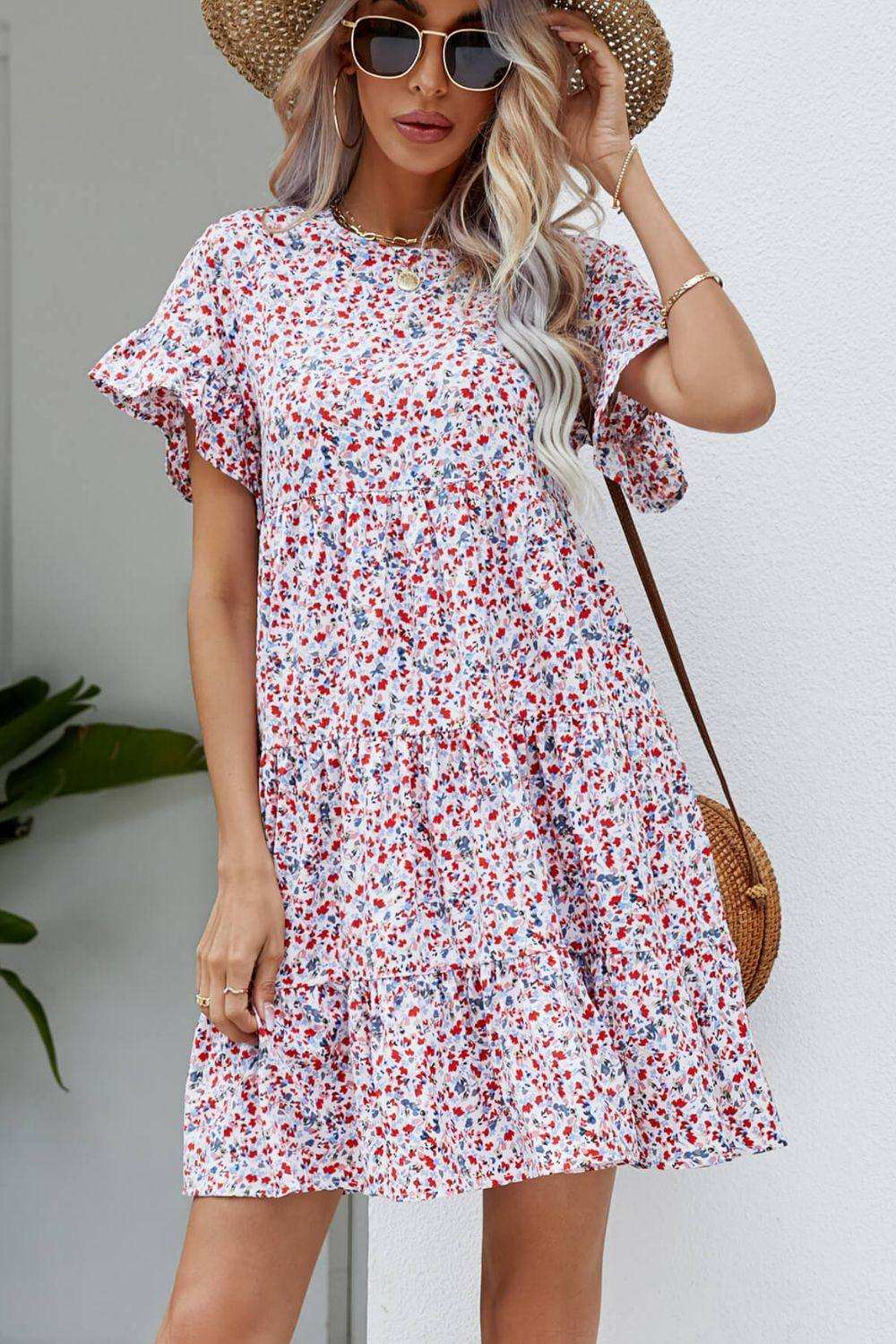 Ditsy Floral Flounce Sleeve Tiered Dress - Trendsi - Flyclothing LLC