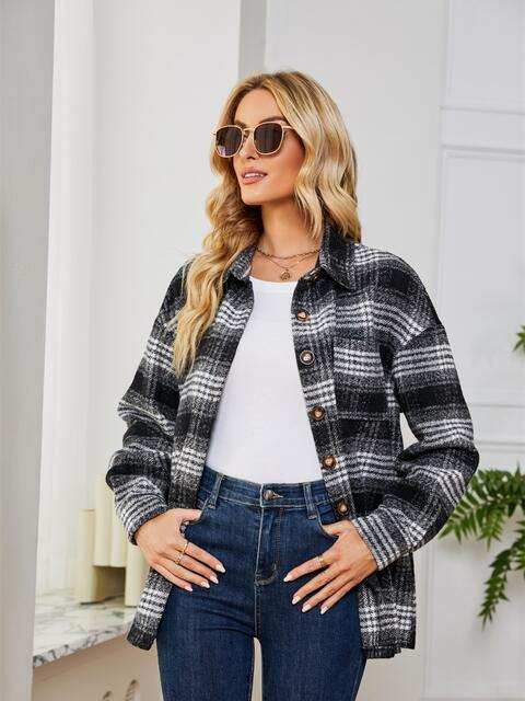 Plaid Collared Shirt Jacket - Trendsi - Flyclothing LLC