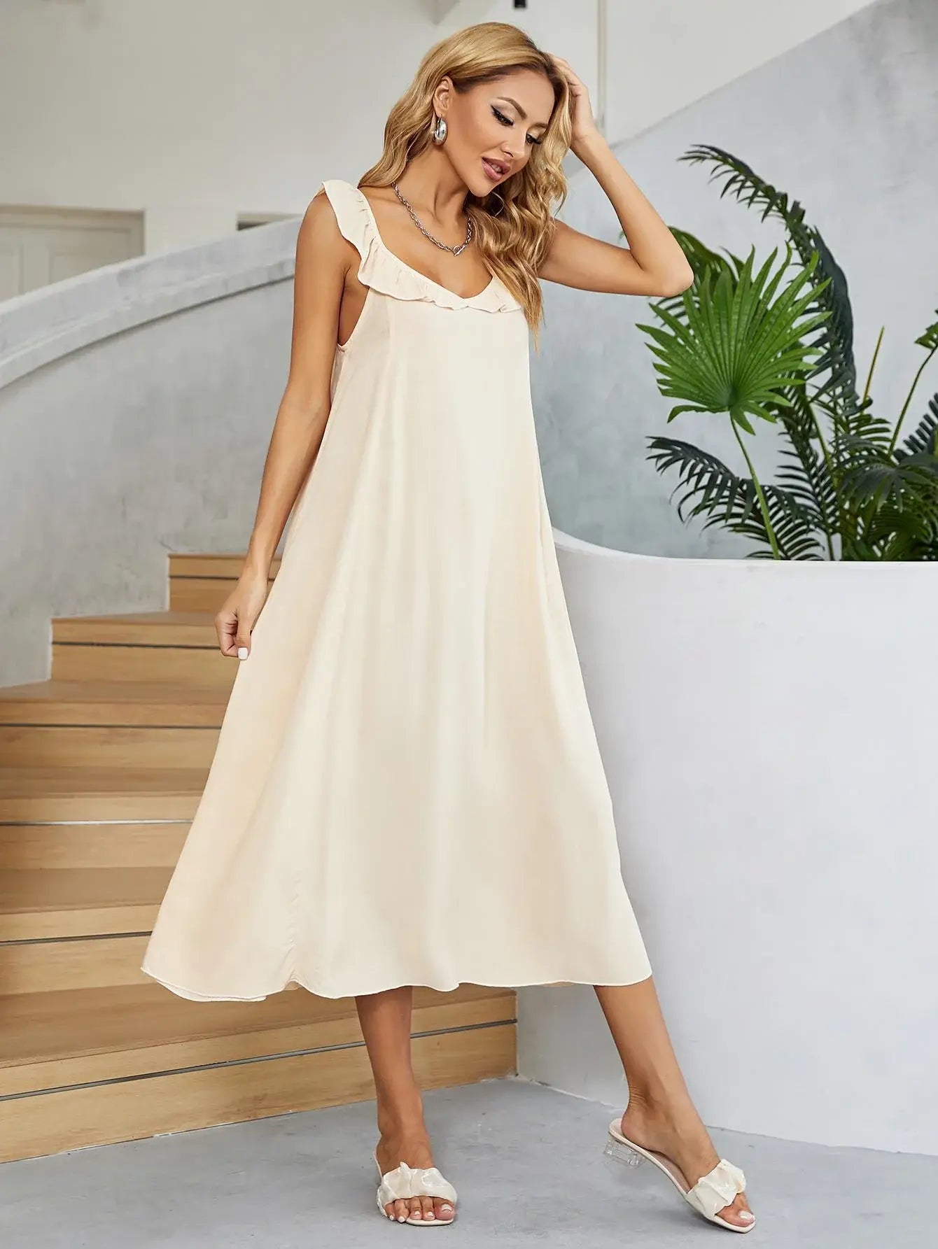 Ruffled V-Neck Midi Dress - Trendsi - Flyclothing LLC