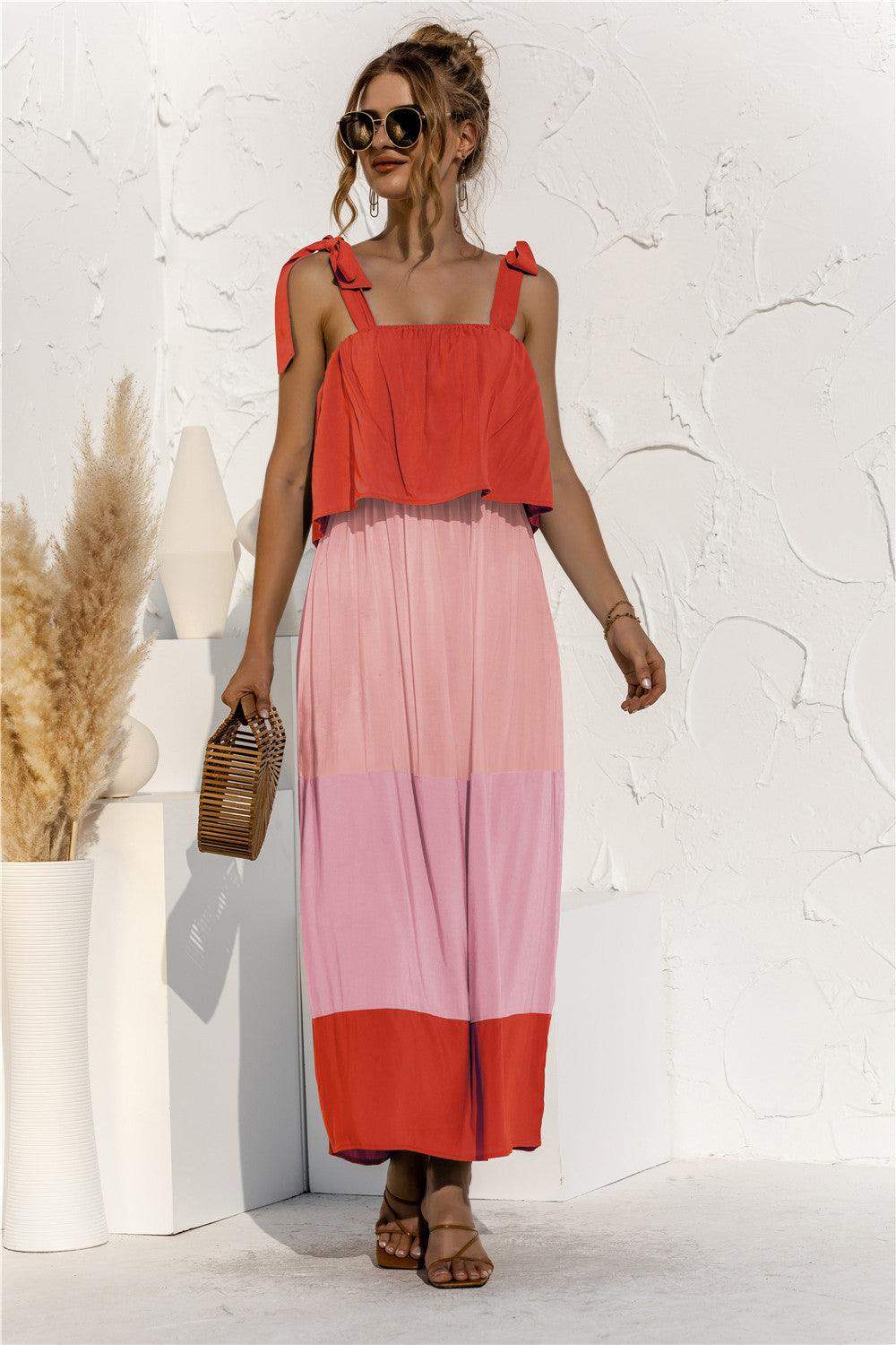 Color Block Tie Shoulder Tiered Sleeveless Dress - Trendsi - Flyclothing LLC