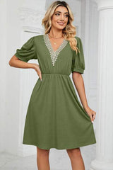 V-Neck Puff Sleeve Dress - Trendsi - Flyclothing LLC