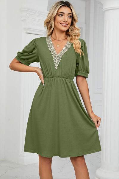 V-Neck Puff Sleeve Dress - Trendsi - Flyclothing LLC