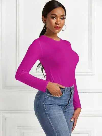Round Neck Long Sleeve Bodysuit - Trendsi - Flyclothing LLC