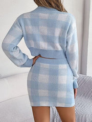 Plaid Round Neck Top and Skirt Sweater Set - Trendsi
