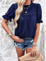 Eyelet Mock Neck Flounce Sleeve Blouse - Trendsi - Flyclothing LLC