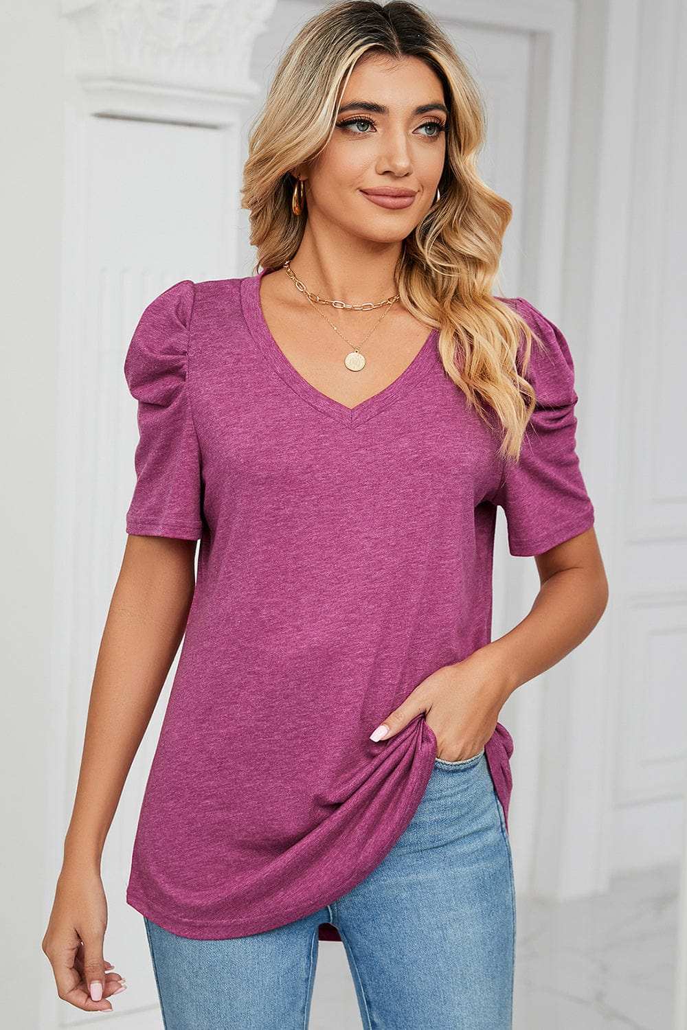 Heathered V-Neck Puff Sleeve T-Shirt - Trendsi - Flyclothing LLC