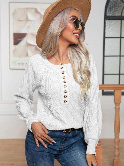 Cable-Knit Round Neck Buttoned Sweater - Trendsi - Flyclothing LLC