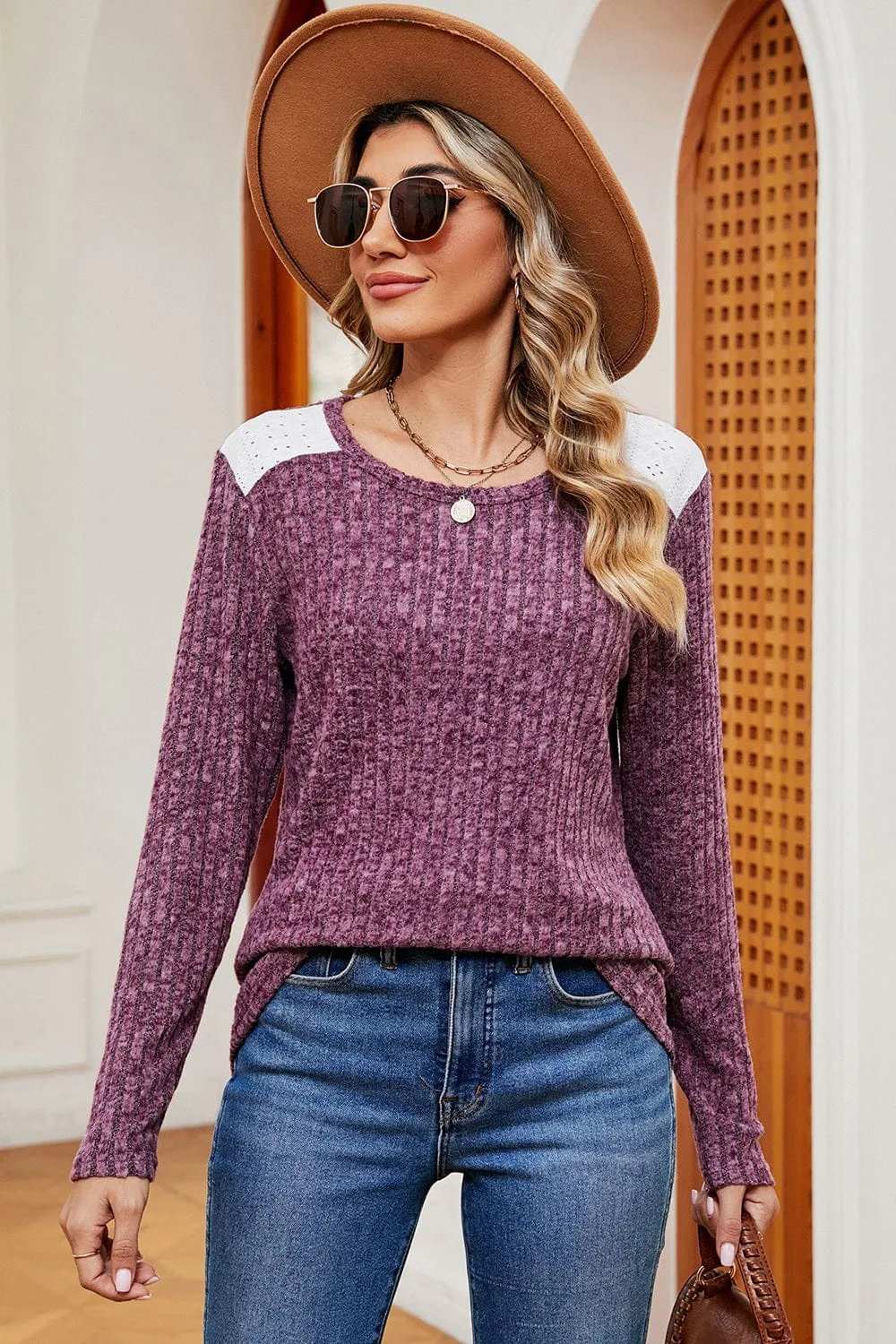 Eyelet Ribbed Round Neck Long Sleeve T-Shirt - Trendsi - Flyclothing LLC