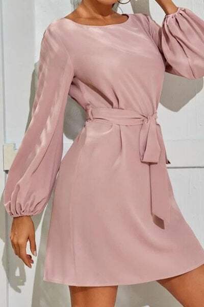 Tied Boat Neck Balloon Sleeve Mini Dress - Trendsi - Flyclothing LLC