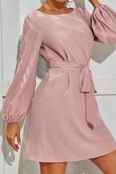 Tied Boat Neck Balloon Sleeve Mini Dress - Trendsi - Flyclothing LLC