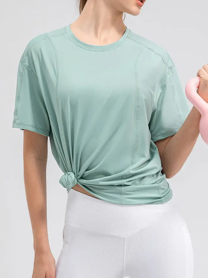 Round Neck Short Sleeve Active Top - Trendsi - Flyclothing LLC