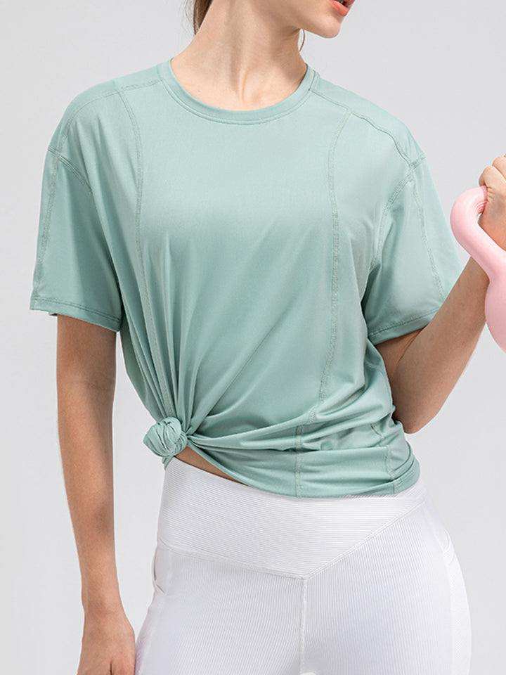 Round Neck Short Sleeve Active Top - Trendsi - Flyclothing LLC