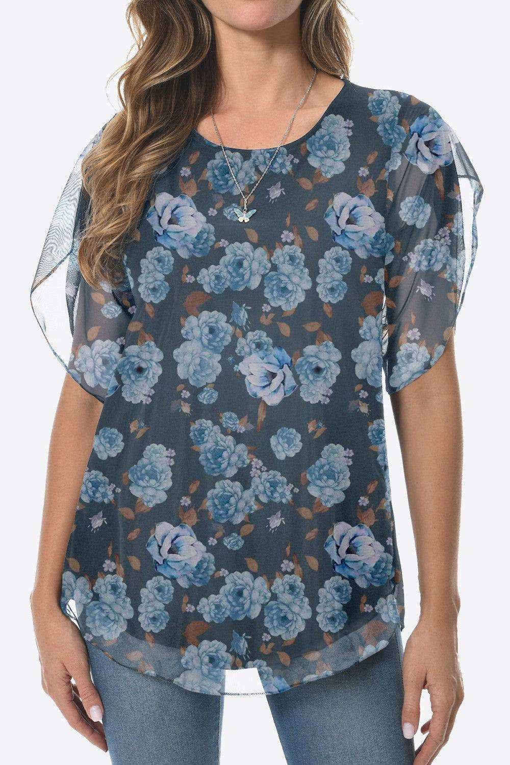Printed Round Neck Curved Hem Blouse - Trendsi - Flyclothing LLC