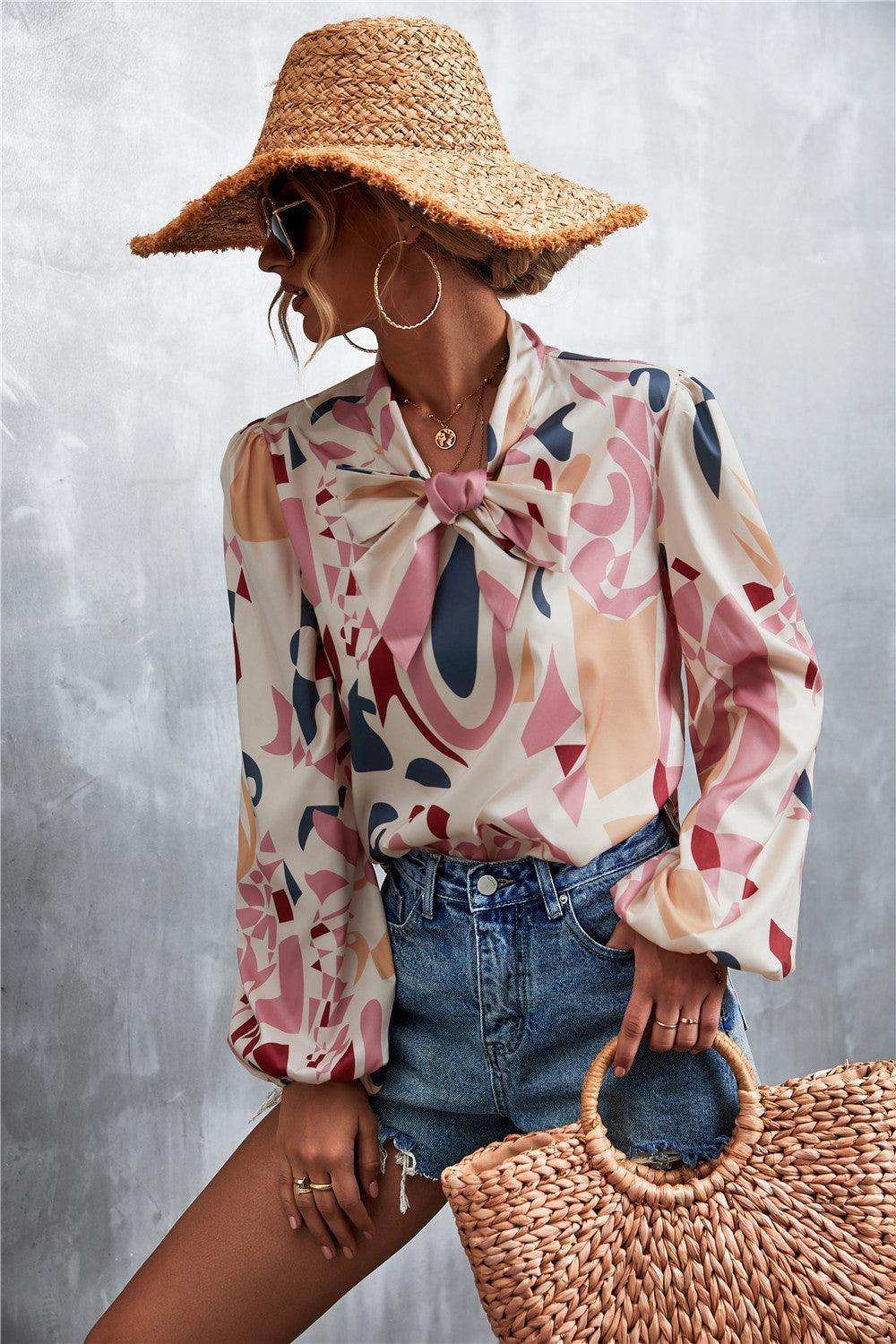 Printed Tie Neck Puff Sleeve Blouse - Trendsi - Flyclothing LLC