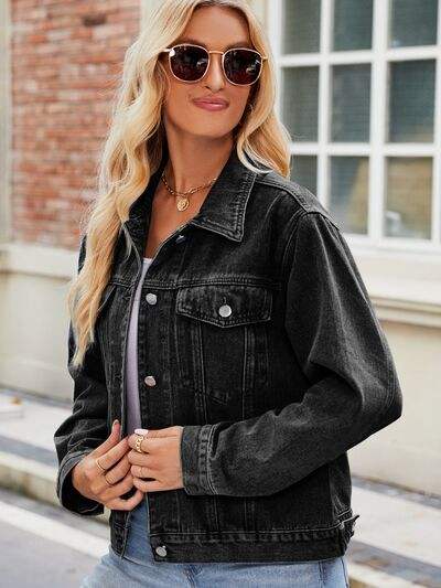 Pocketed Collared Neck Denim Jacket - Trendsi - Flyclothing LLC