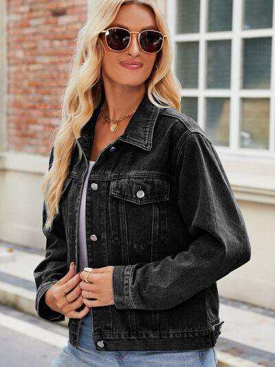 Pocketed Collared Neck Denim Jacket - Trendsi - Flyclothing LLC